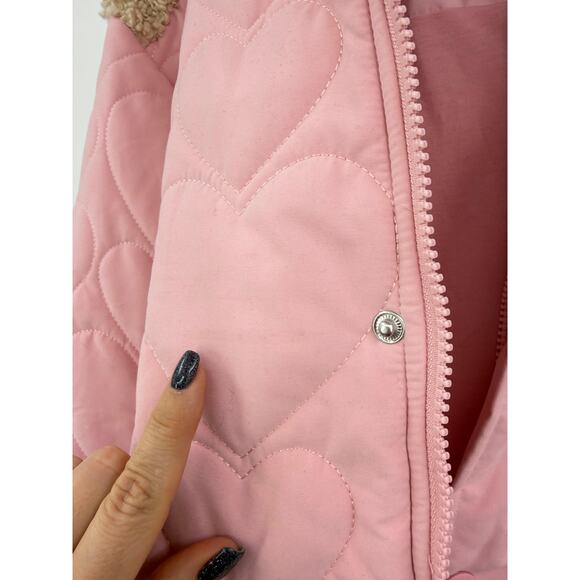 For Love And Lemons Jacket Pink Heart Puffer Coat Hooded Sherpa Trim Zip Up Sz M - Picture 8 of 12
